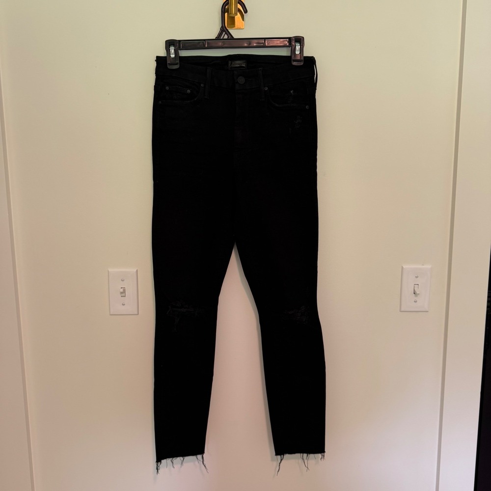 MOTHER Looker Ankle Fray Jeans Guilty as Sin Black Distressed Denim Size 26